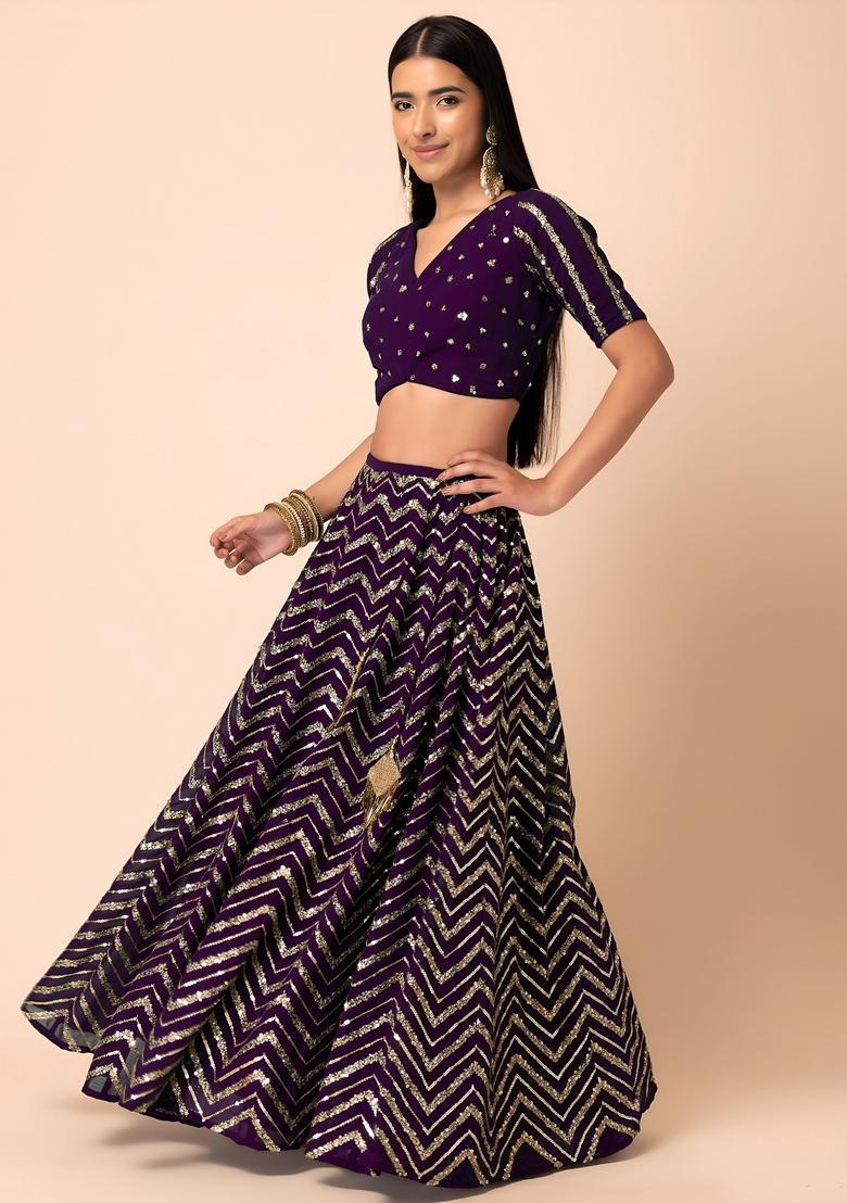 Purple Embroidered Georgette Lehenga Set - Indya
