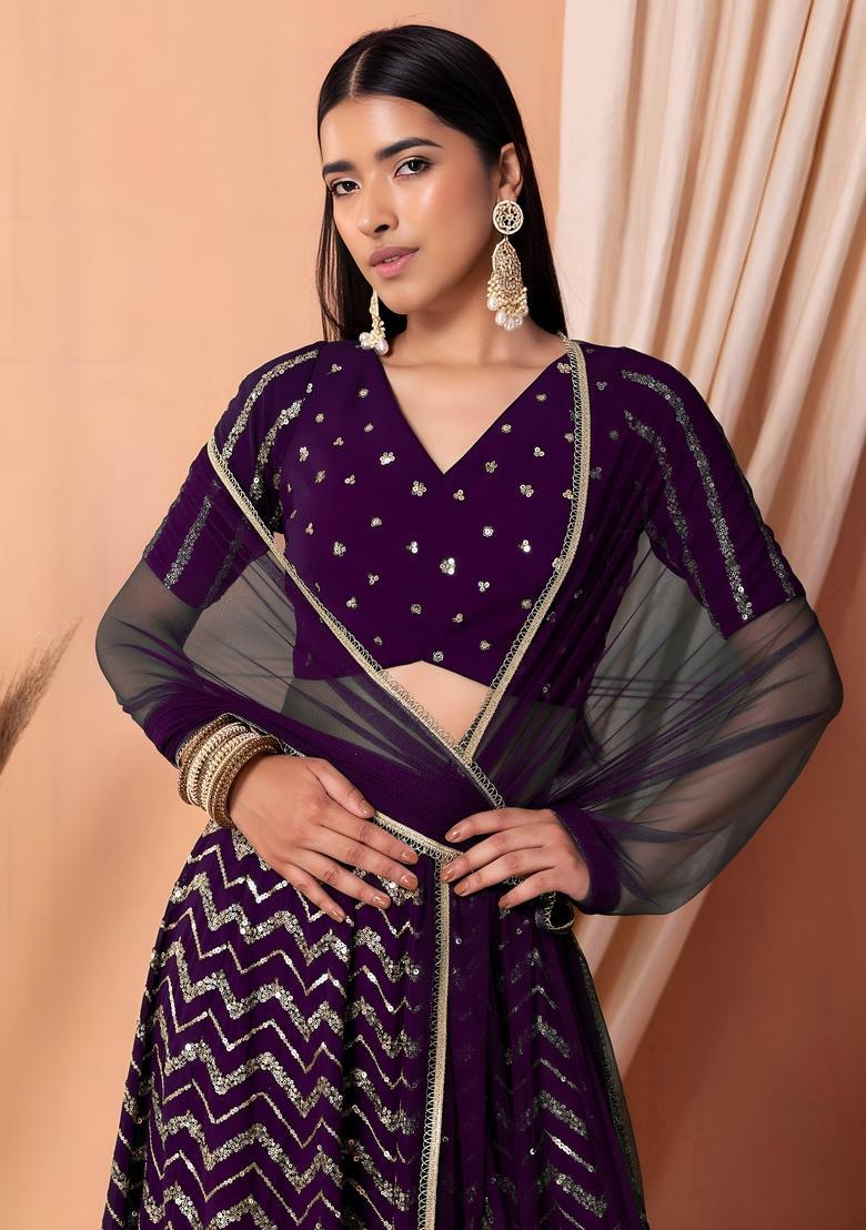 Purple Embroidered Georgette Lehenga Set - Indya