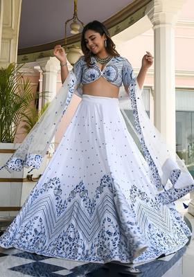 White Embroidered Satin Lehenga Set
