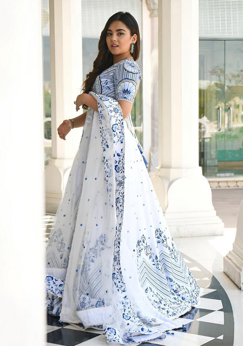 White Embroidered Satin Lehenga Set - Indya