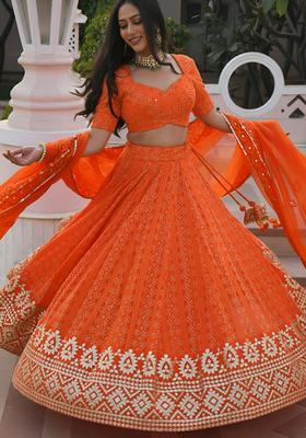 Orange Embroidered Georgette Lehenga Set