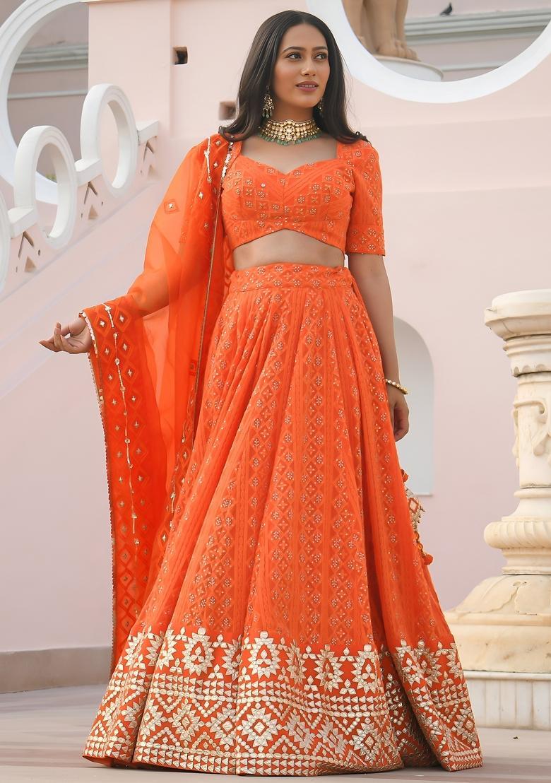 Orange Embroidered Georgette Lehenga Set - Indya