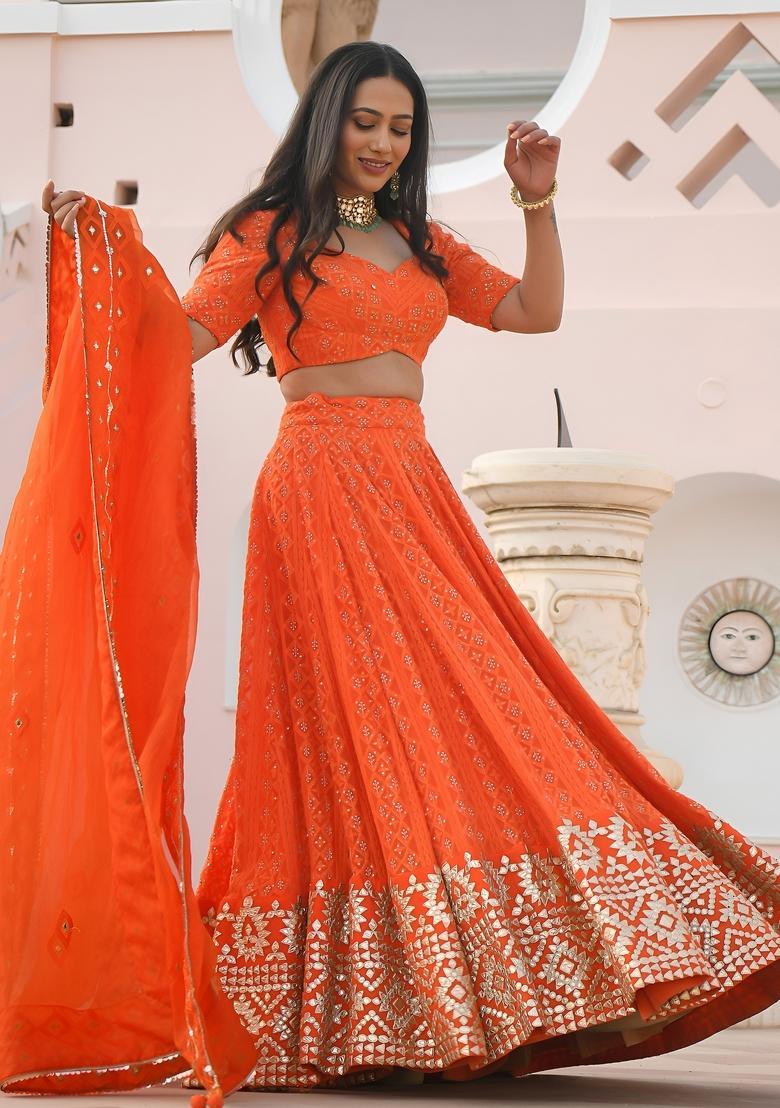 Orange Embroidered Georgette Lehenga Set - Indya