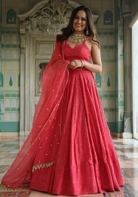 Pink Embroidered Georgette Lehenga Set