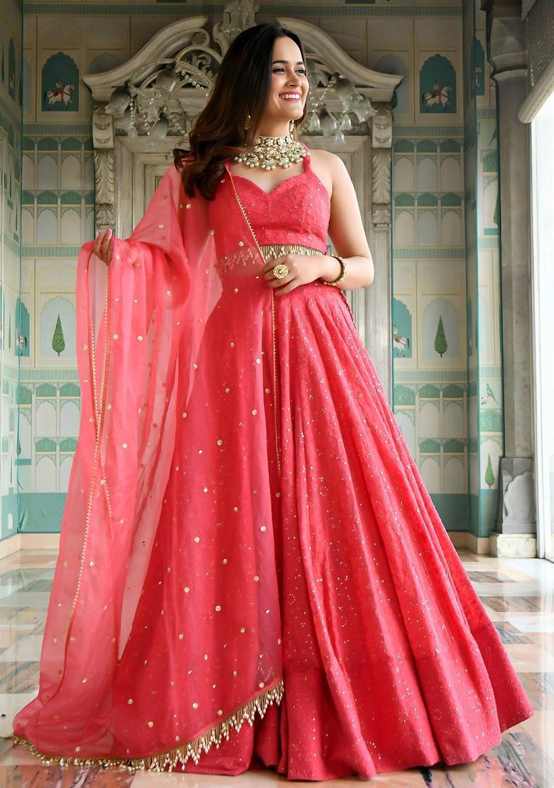 Pink Embroidered Georgette Lehenga Set - Indya
