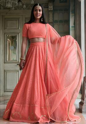 Peach Embroidered Georgette Lehenga Set