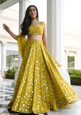 Olive Embroidered Georgette Lehenga Set