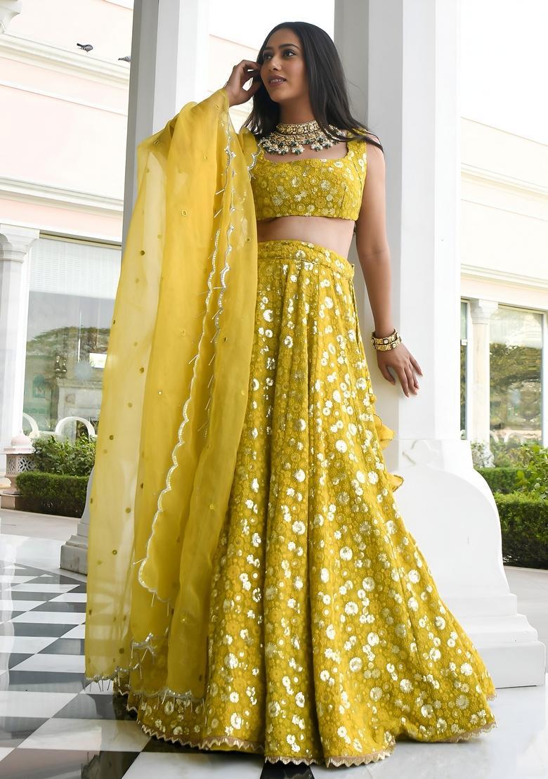 Olive Embroidered Georgette Lehenga Set - Indya