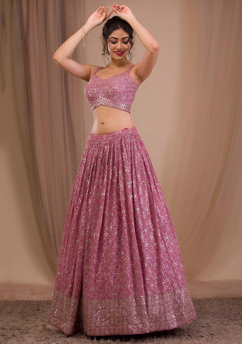 Pink Embroidered Georgette Lehenga Set - Indya