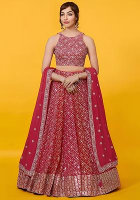 Red Embroidered Georgette Lehenga Set