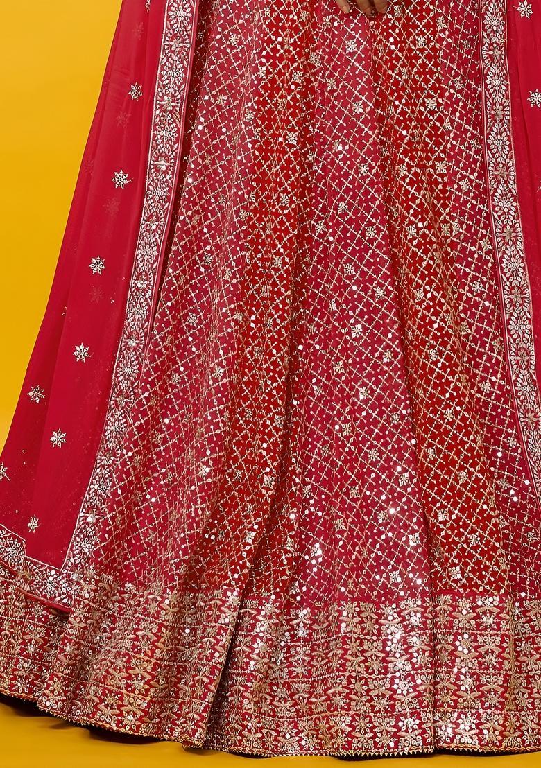 Red Embroidered Georgette Lehenga Set - Indya