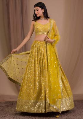 Yellow Embroidered Georgette Lehenga Set