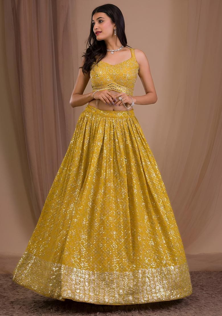 Yellow Embroidered Georgette Lehenga Set - Indya