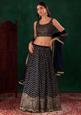 Blue Embroidered Georgette Lehenga Set