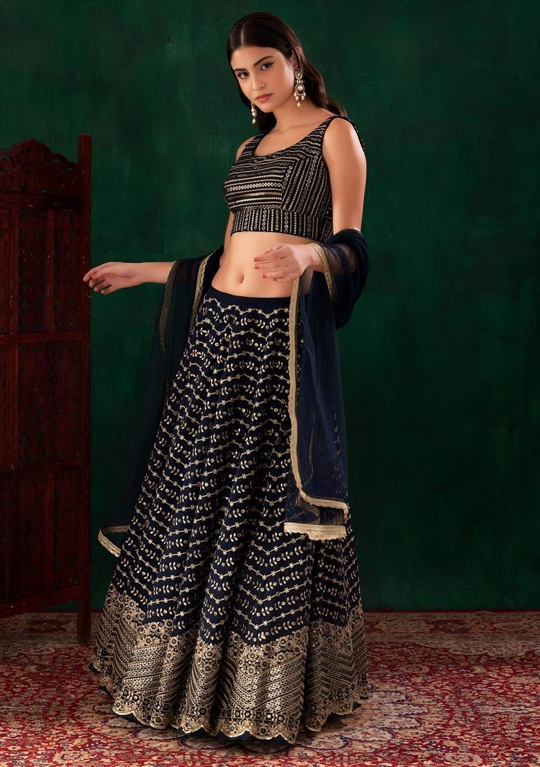 Blue Embroidered Georgette Lehenga Set - Indya