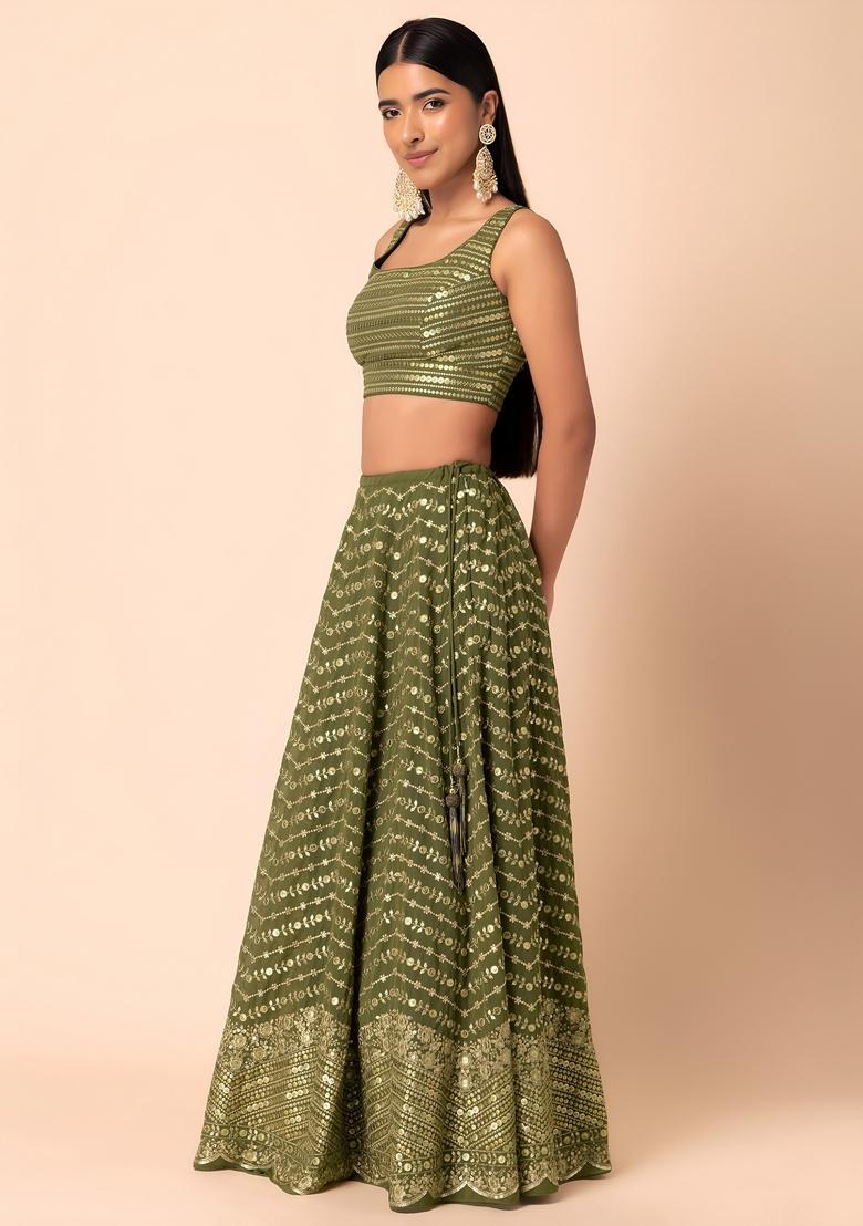Mehendi Embroidered Georgette Lehenga Set - Indya