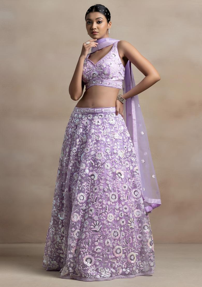 Lavender Embroidered Net Lehenga Set - Indya