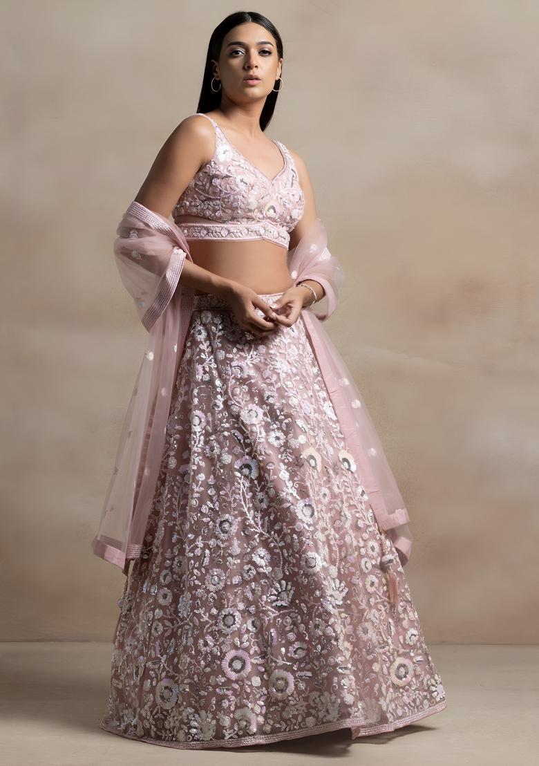 Pink Embroidered Net Lehenga Set - Indya