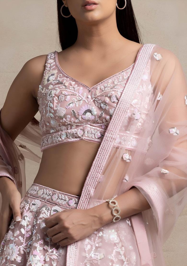 Pink Embroidered Net Lehenga Set - Indya