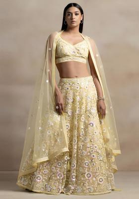 Yellow Embroidered Net Lehenga Set