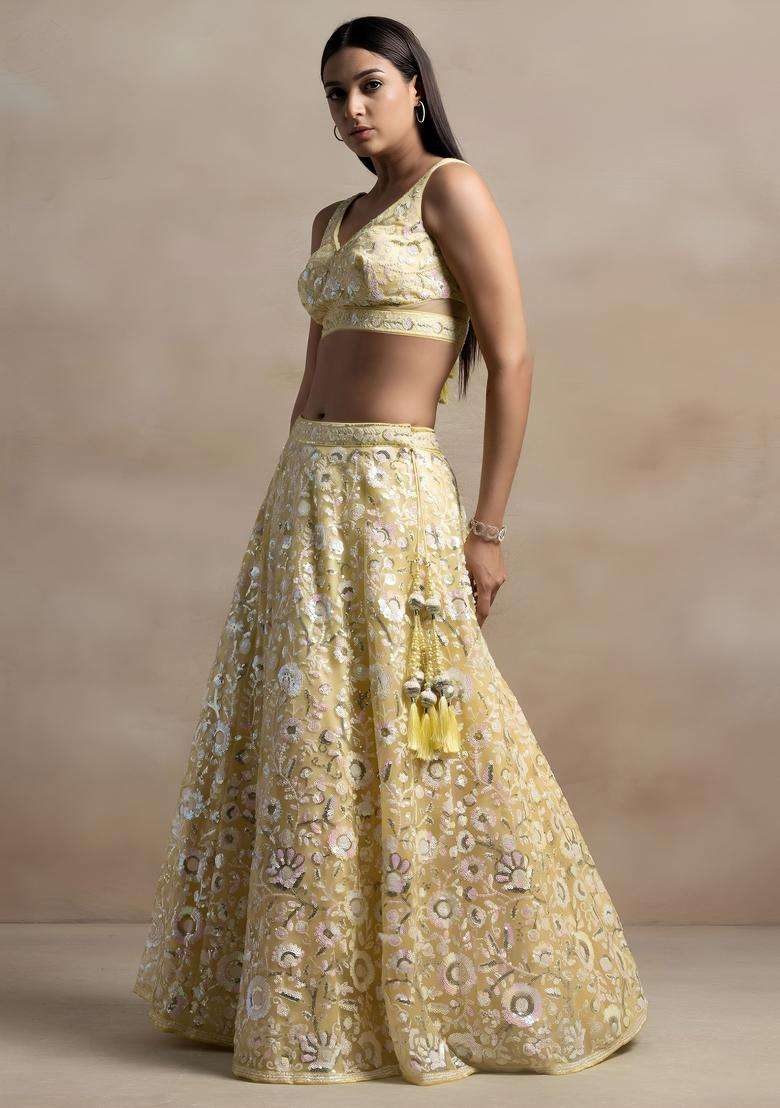 Yellow Embroidered Net Lehenga Set - Indya