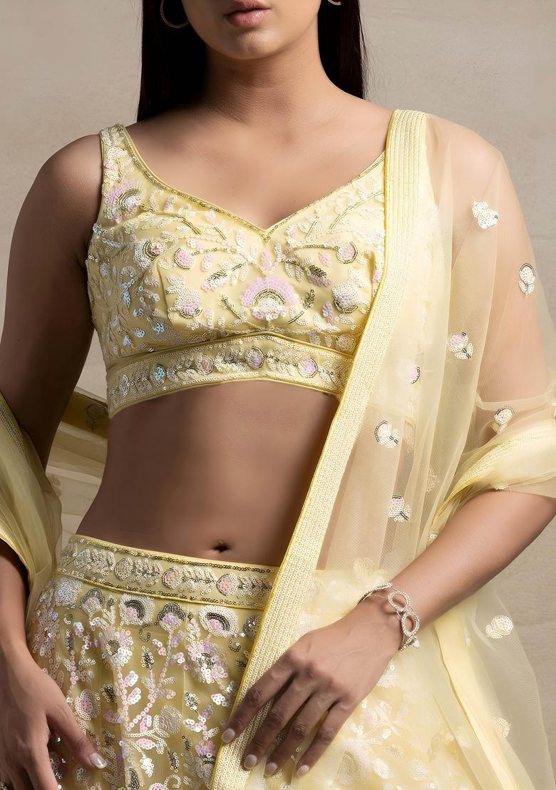 Yellow Embroidered Net Lehenga Set - Indya