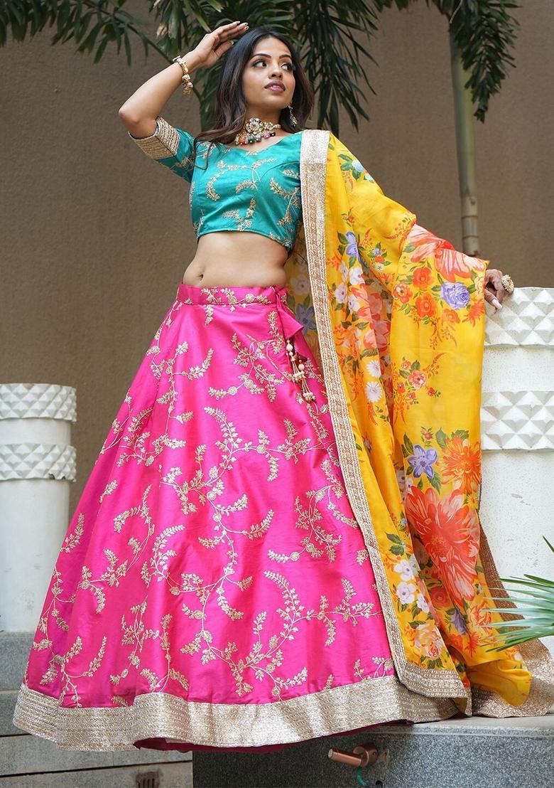 Pink Embroidered Silk Lehenga Set - Indya