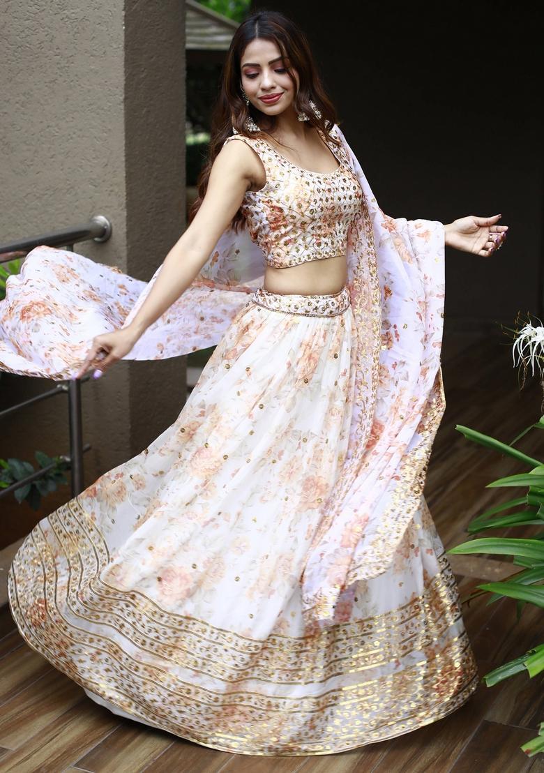 Orange Embroidered Organza Lehenga Set - Indya