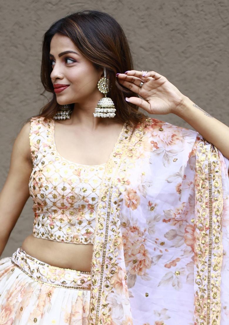 Orange Embroidered Organza Lehenga Set - Indya