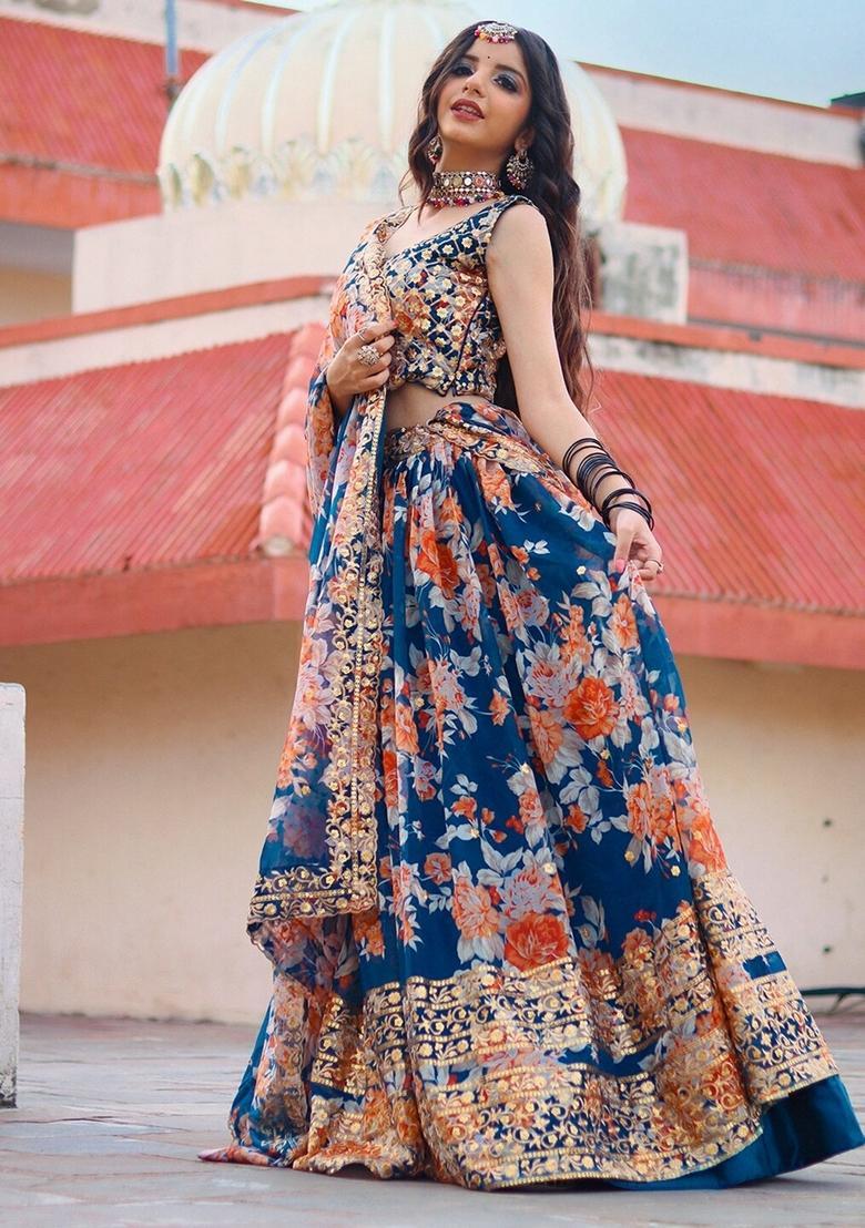 Blue Embroidered Organza Lehenga Set - Indya