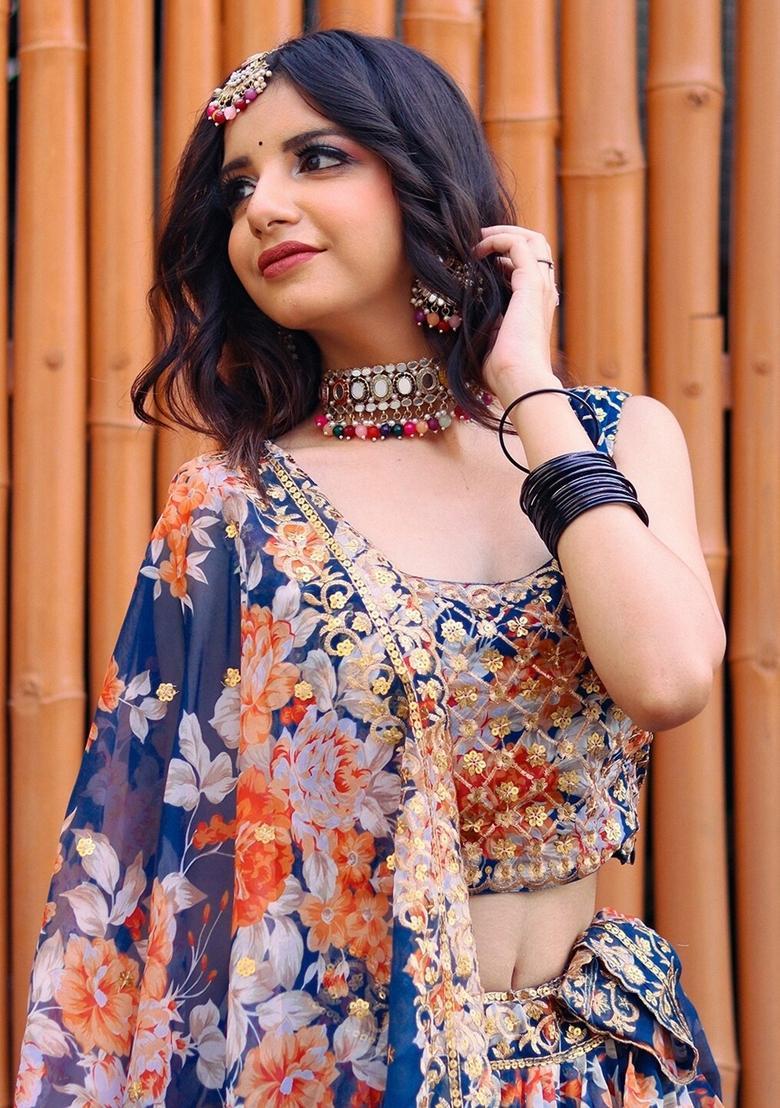 Blue Embroidered Organza Lehenga Set - Indya
