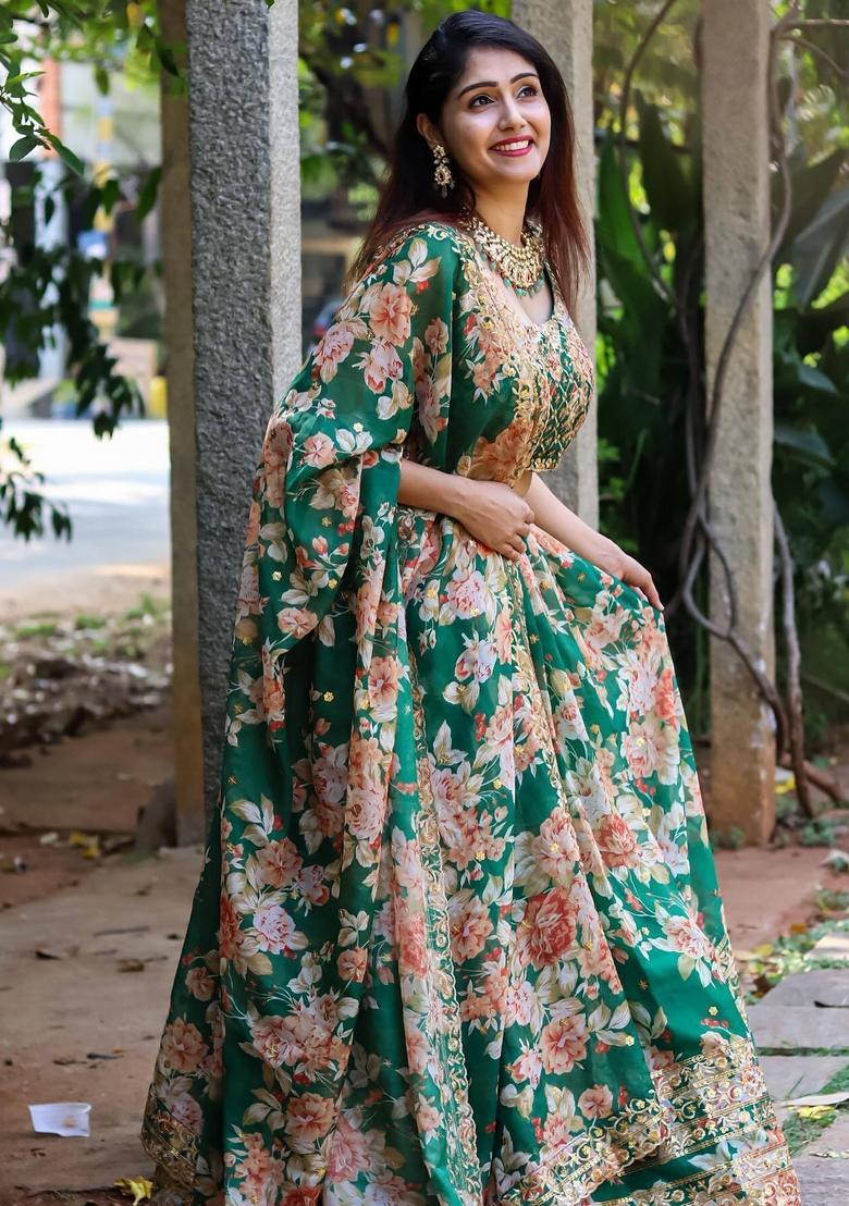 Green Embroidered Organza Lehenga Set - Indya