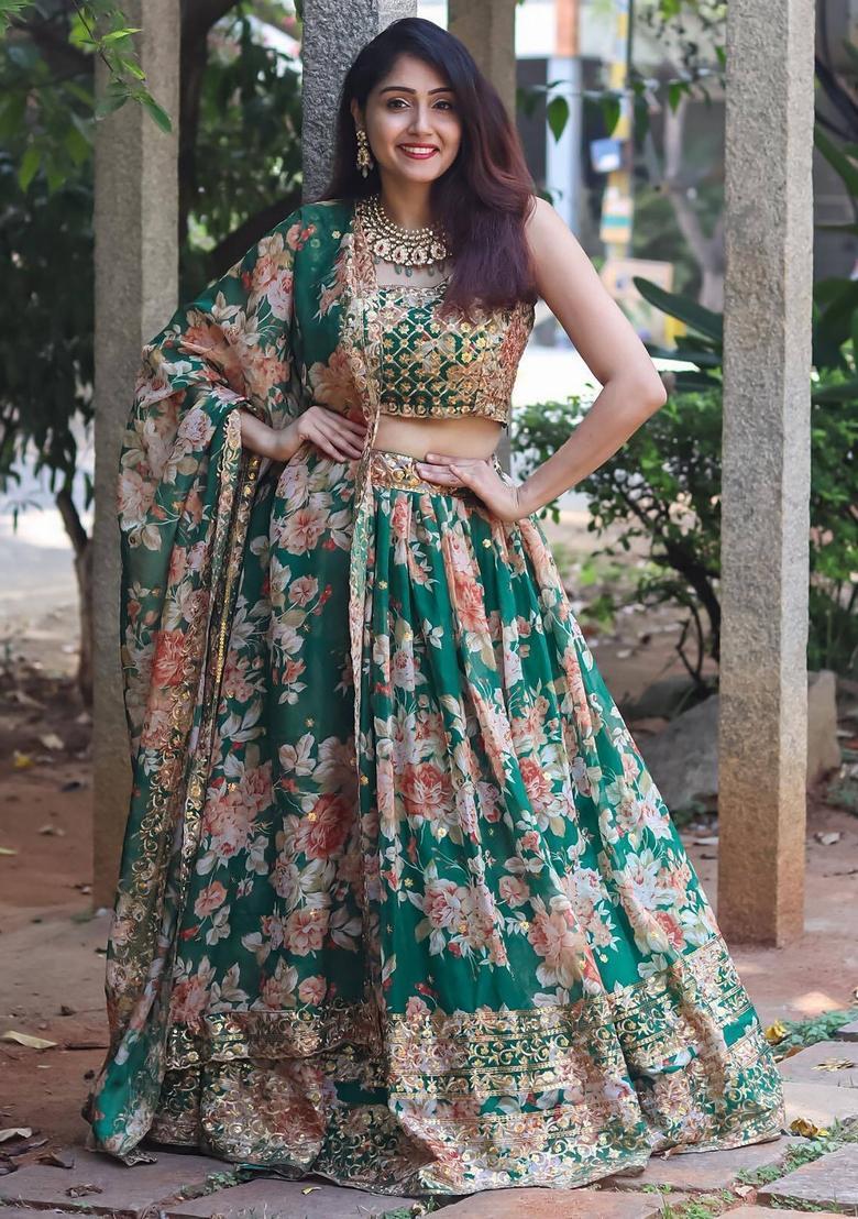 Green Embroidered Organza Lehenga Set - Indya