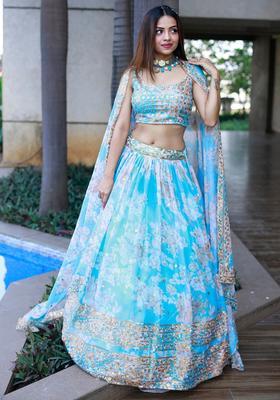 Sky Blue Embroidered Organza Lehenga Set