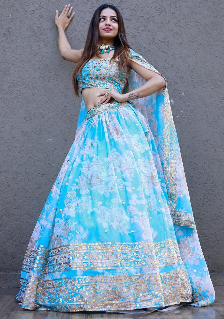 Sky Blue Embroidered Organza Lehenga Set - Indya