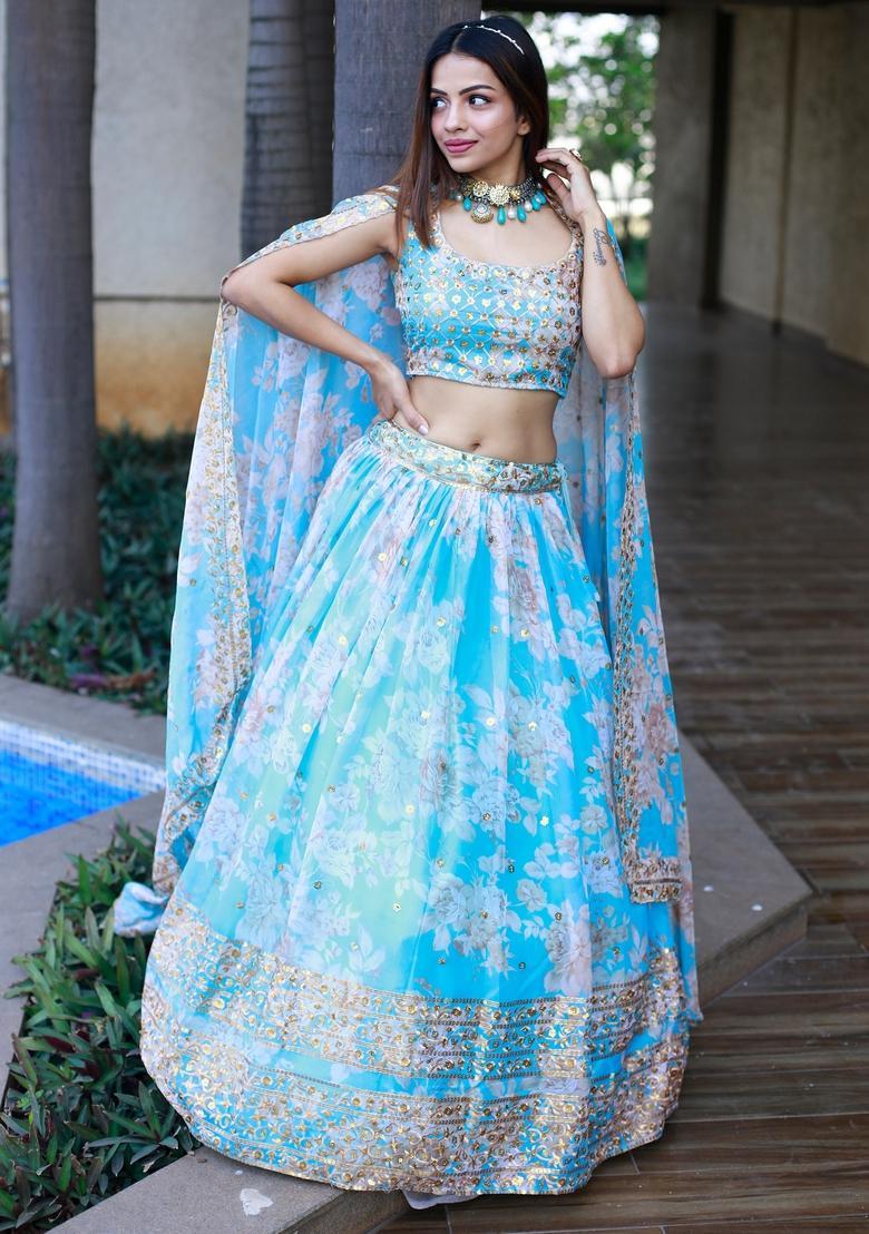 Sky Blue Embroidered Organza Lehenga Set - Indya