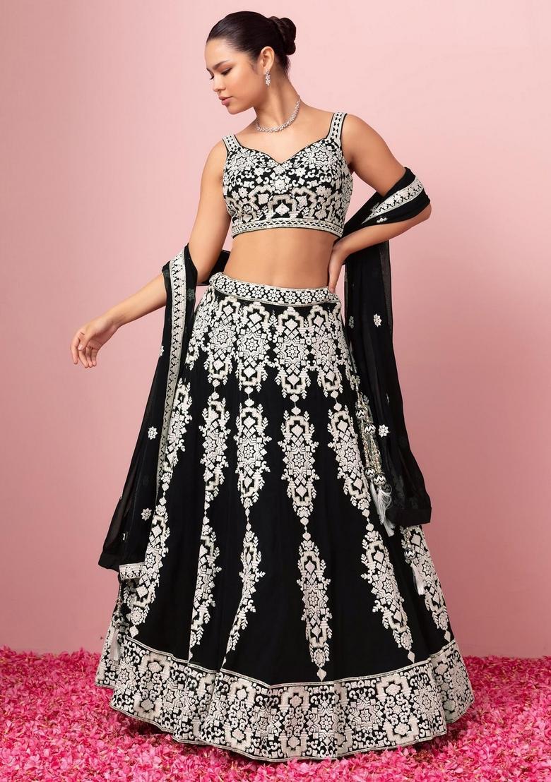 Black Embroidered Georgette Lehenga Set - Indya