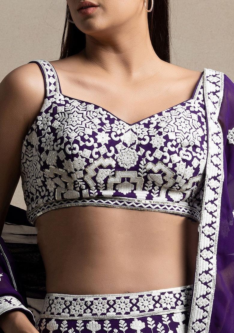 Purple Embroidered Georgette Lehenga Set - Indya