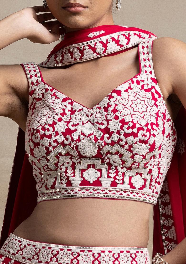 Red Embroidered Georgette Lehenga Set - Indya