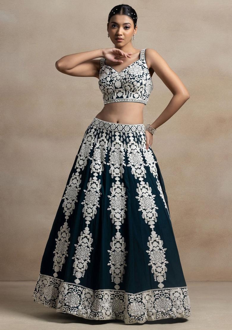 Turquoise Embroidered Georgette Lehenga Set - Indya