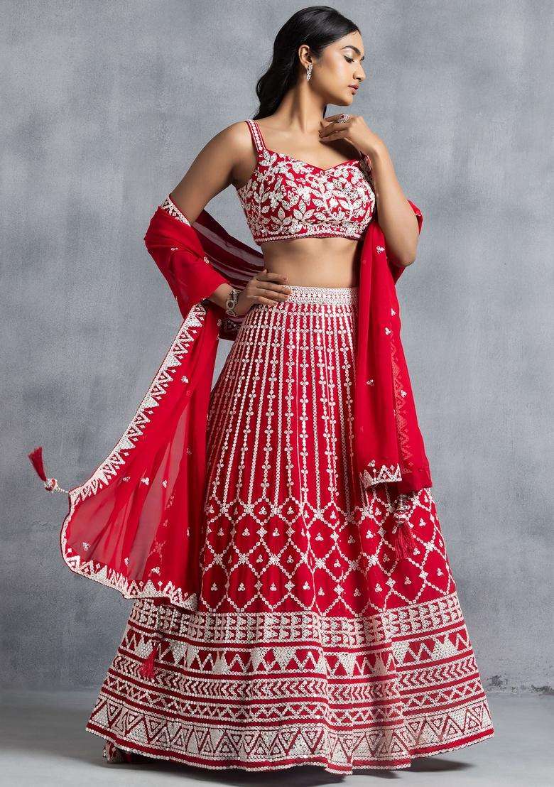 Red Georgette Lehenga Set with Embroidered for Diwali | Wedding & Festive Wear - Indya