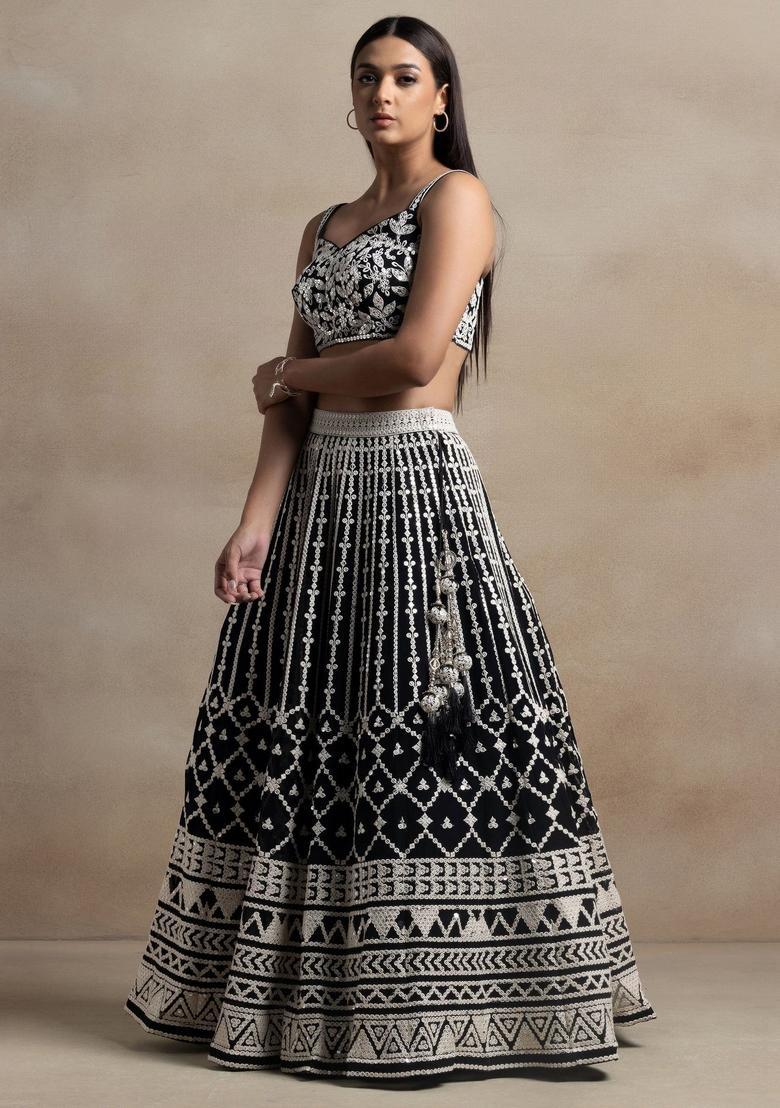 Black Embroidered Georgette Lehenga Set - Indya