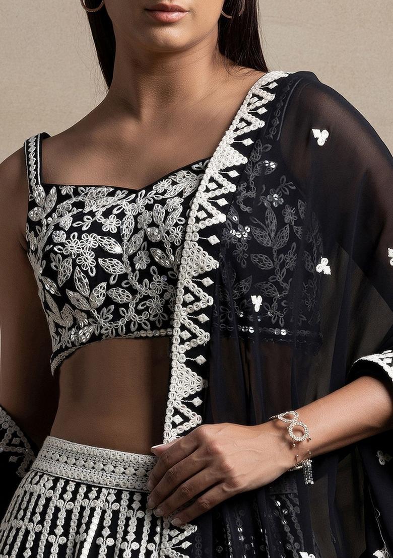 Black Embroidered Georgette Lehenga Set - Indya