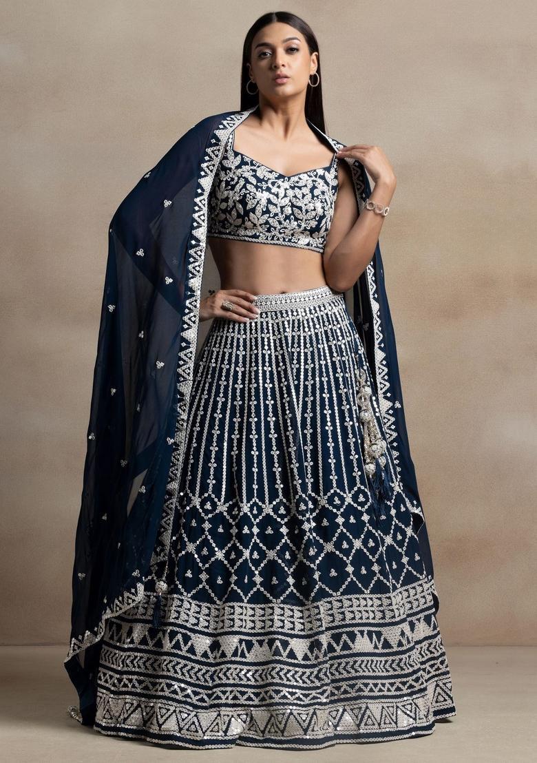 Blue Embroidered Georgette Lehenga Set - Indya