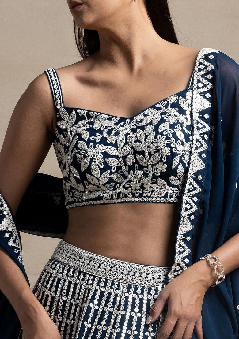 Blue Embroidered Georgette Lehenga Set - Indya