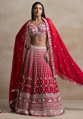 Red Embroidered Georgette Lehenga Set