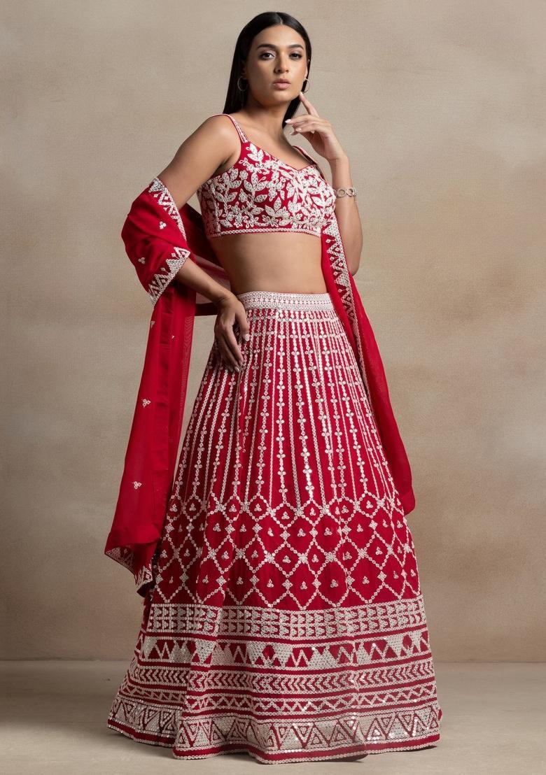 Red Embroidered Georgette Lehenga Set - Indya
