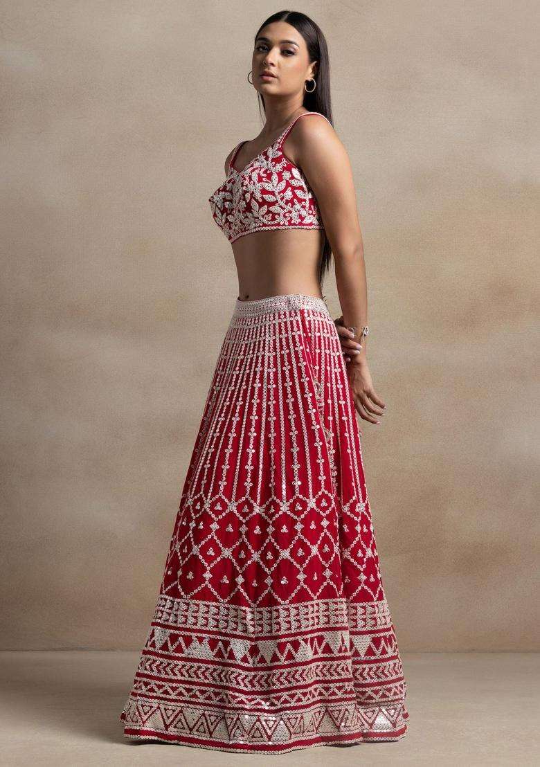 Red Embroidered Georgette Lehenga Set for Diwali and Festive Wear - Indya