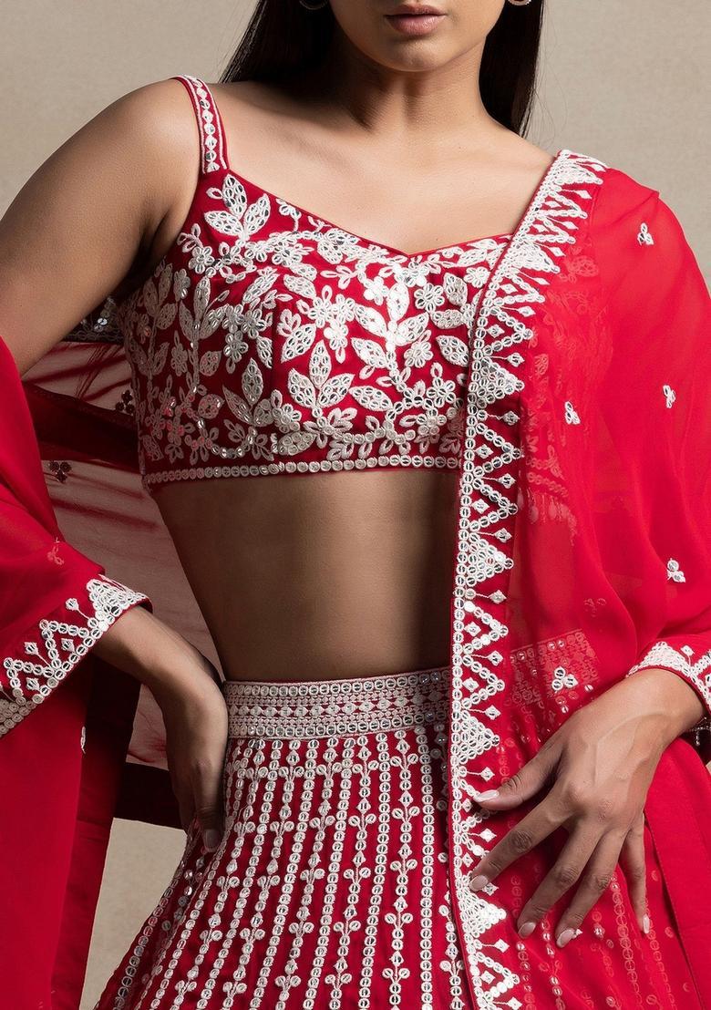 Red Embroidered Georgette Lehenga Set - Indya