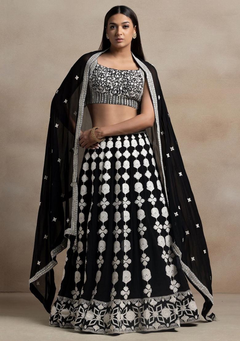 Black Embroidered Georgette Lehenga Set - Indya